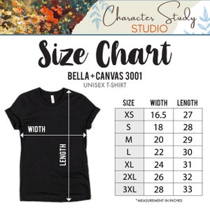 May include: Size chart for a Bella + Canvas 3001 unisex t-shirt. The chart shows the width and length in inches for sizes XS to 3XL.