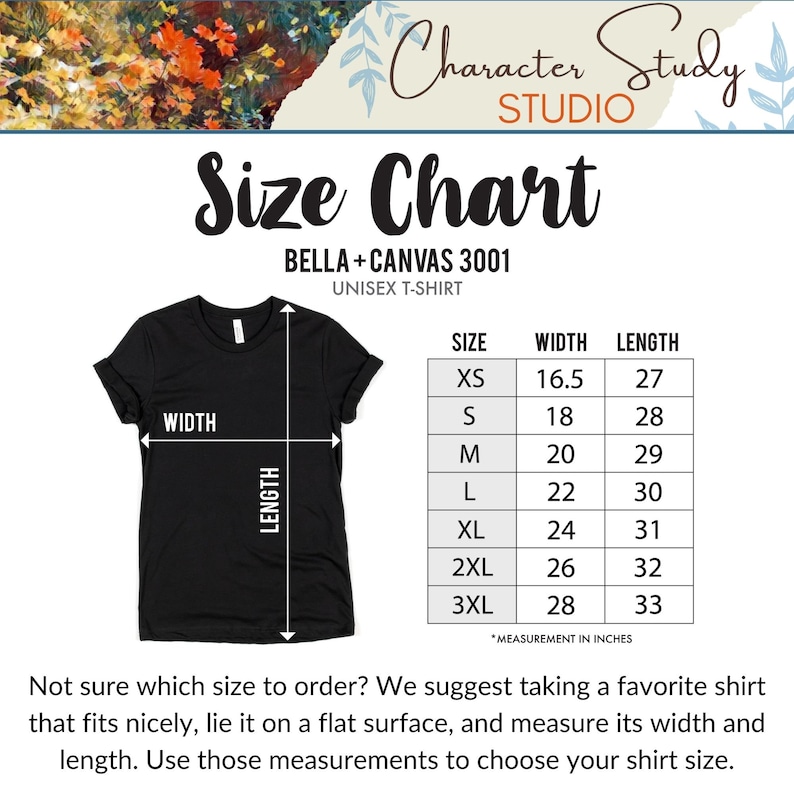 May include: A black unisex t-shirt with a size chart, including measurements in inches. The chart lists sizes XS to 3XL, with corresponding width and length measurements. The text reads "Size Chart" and "BELLA+CANVAS 3001 UNISEX T-SHIRT".