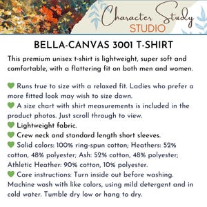 以下が含まれることがあります： Bella-Canvas 3001 Tシャツの製品説明。この高品質なユニセックスTシャツは、軽量で、とても柔らかく、快適で、体にフィットするデザインです。ゆったりとしたフィット感で、サイズ通りです。製品の写真にはサイズ表が含まれています。無地の色は100％リングスパンコットン製、ヘザーはコットンとポリエステルの混紡です。