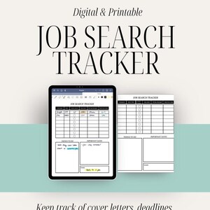 Può includere: Un tracker di ricerca di lavoro digitale e stampabile con un elenco di controllo, date importanti e una sezione per appunti. Il tracker è visualizzato sullo schermo di un tablet.