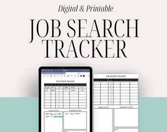 May include: A digital and printable job search tracker with a checklist, important dates, and a section for notes. The tracker is displayed on a tablet screen.
