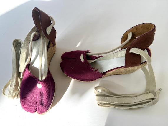 Maison Margiela, Vintage Collectible Maison Martin Margiela tabi wedge espadrilles heels with ankle straps canvas dark fuchsia burgundy shoes Martin era