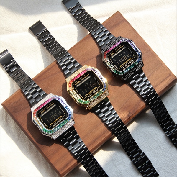 Rainbow Custom Watch | Casio Standard A168WEGB-1B Rainbow Diamond Watch | Adjustable Band
