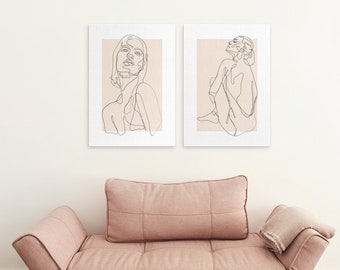 Neutral Wall Art Prints, Portrait Line Art, Set of 2 Prints, Minimalist Modern Bedroom Living Room Wall Decor, Printable Art