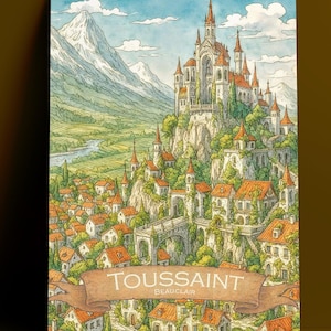 Peut inclure: Illustration à l'aquarelle d'une ville européenne avec un grand château sur une colline. L'image présente une bannière avec le mot "TOUSSAINT" et une chaîne de montagnes en arrière-plan. Les bâtiments ont des toits en tuiles rouges.