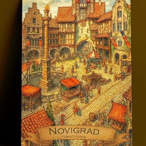 May include: An illustrated print of Novigrad Town Square. The artwork depicts a bustling medieval town square with detailed buildings, market stalls, and figures. The print has a warm color palette with a banner that reads "Novigrad Town Square."