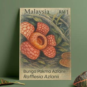 Vintage Malaysisches Briefmarkenposter – Rafflesia Azlanii Aquarelldruck – Digitale Botanische Wandkunst – Retro Blumendruck