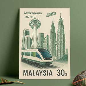 Vintage Kuala Lumpur Poster – Malaysischer Briefmarken-Kunstdruck – Retro Futuristisches Zug-Stadtbild – Digitaler Wandkunst-Download