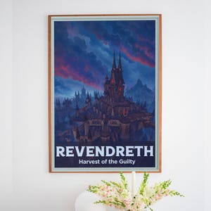 May include: A framed vertical poster featuring a dark, gothic castle under a stormy blue and purple sky with red glowing windows. The text at the bottom reads REVENDRETH Harvest of the Guilty in white capital letters against a dark background.