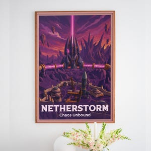 May include: A framed rectangular wall art print featuring a purple and orange landscape with a central futuristic structure emitting a bright pink beam. The text NETHERSTORM Chaos Unbound is printed in white at the bottom of the illustration.