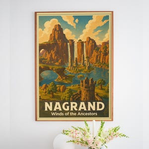 May include: A rectangular wall art print featuring a landscape illustration of Nagrand with rocky cliffs, waterfalls, a blue lake, and a stone tower. The text reads NAGRAND Winds of the Ancestors in white capital letters at the bottom of the print.