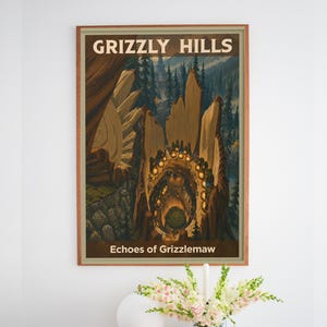 May include: A framed vertical poster titled GRIZZLY HILLS Echoes of Grizzlemaw, featuring a stylized illustration of a large hollowed-out tree trunk with glowing lights inside, surrounded by a dense forest of dark green pine trees and mountains.
