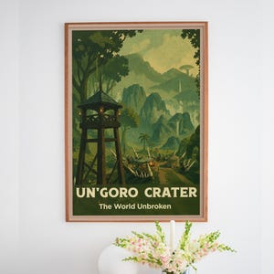 May include: A framed poster featuring a green-toned landscape illustration of Un'Goro Crater. The artwork depicts a wooden watchtower in the foreground, lush jungle terrain, distant mountains, and the text UN'GORO CRATER The World Unbroken.