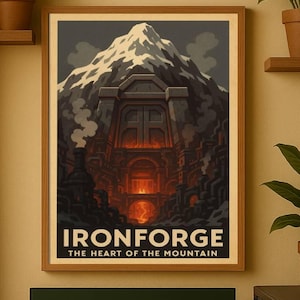 May include: A framed poster with the text "IRONFORGE" and "THE HEART OF THE MOUNTAIN" depicts a mountain with a fiery entrance. A computer monitor, keyboard, and mouse sit on a wooden desk. Headphones and a computer tower with green lights are also present.