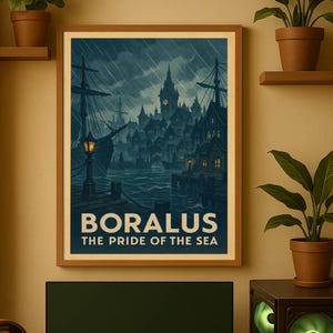 Puede incluir: Un póster enmarcado con el texto "BORALUS THE PRIDE OF THE SEA" cuelga sobre una configuración de ordenador. La obra de arte representa una escena oscura y tormentosa del puerto. Un monitor de ordenador, teclado, ratón y auriculares están en el escritorio de madera.
