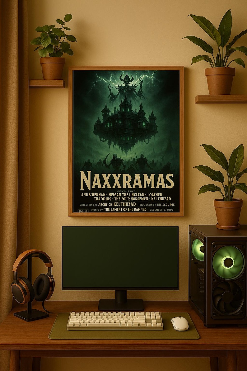May include: A framed poster with the title "Naxxramas" and a dark fantasy illustration of a castle and figures. A computer monitor, keyboard, mouse, and headphones are on a wooden desk. Potted plants are on shelves.