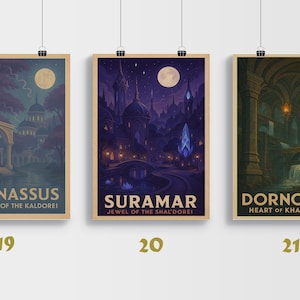 May include: Three framed art prints with fantasy landscape scenes. The prints feature the text "Darnassus", "Suramar", and "Dornogal". Each print has a different color palette, with the first in purples and blues, the second in blues and purples, and the third in greens and browns.
