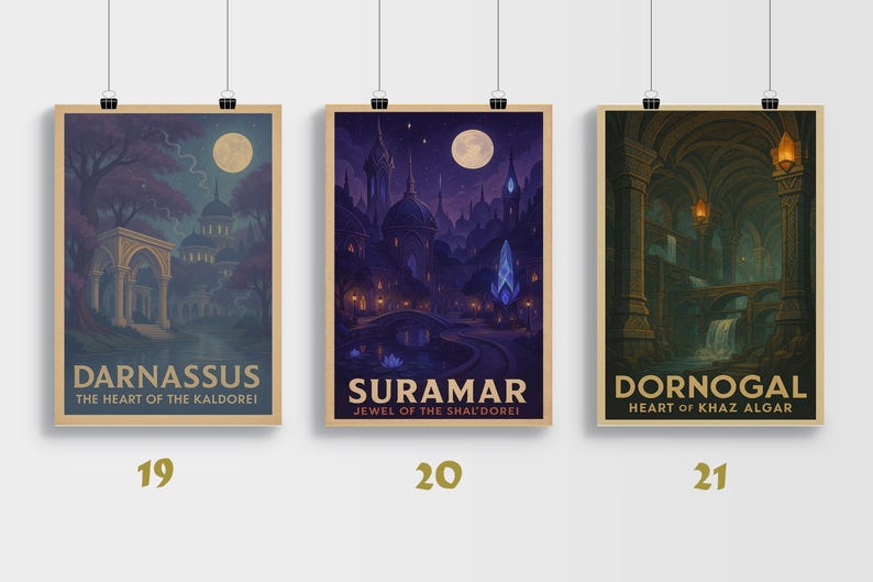 May include: Three framed art prints with fantasy landscape scenes. The prints feature the text "Darnassus", "Suramar", and "Dornogal". Each print has a different color palette, with the first in purples and blues, the second in blues and purples, and the third in greens and browns.