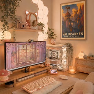 May include: A cozy desk setup with a computer, keyboard, and mouse. The desk is decorated with a mushroom lamp, a flower-shaped pillow, and a framed poster that reads "VALDRAKKEN". The room is lit with warm, soft lighting and has a calming aesthetic.
