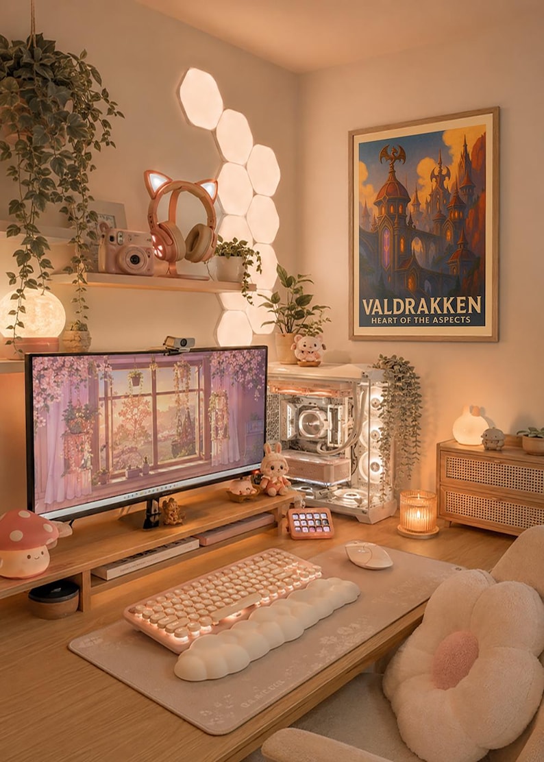 May include: A cozy desk setup with a computer, keyboard, and mouse. The desk is decorated with a mushroom lamp, a flower-shaped pillow, and a framed poster that reads "VALDRAKKEN". The room is lit with warm, soft lighting and has a calming aesthetic.