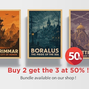 Puede incluir: Conjunto de tres carteles de viaje de fantasía. Los carteles presentan ilustraciones de ciudades con el texto: Orgrimmar, Boralus y Uldir. Un círculo rojo con "50%" está a la derecha. El texto "Buy 2 get the 3 at 50%" está debajo.