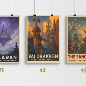 May include: Three framed fantasy art prints. The first depicts a floating city with the text "DALARAN THE FLOATING CITY OF MAGIC" and the number "13". The second shows a castle with the text "VALDRAKKEN HEART OF THE ASPECTS" and the number "14". The third features a pagoda with the text "THE SANCTUARY WISDOM FLOWS FROM BALANCE" and the number "15".