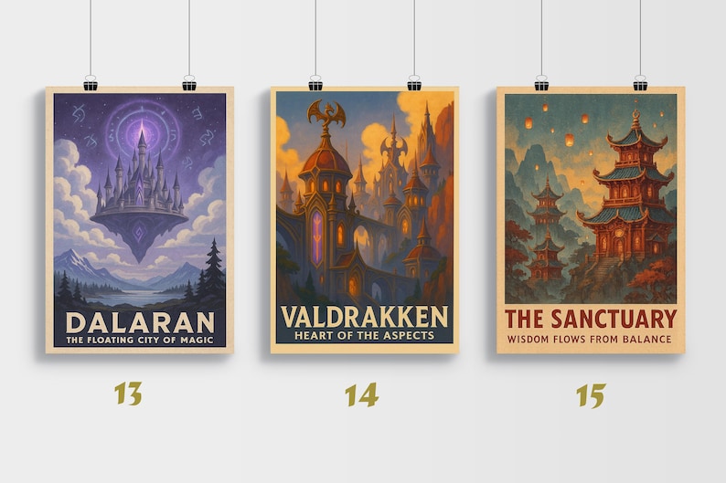 May include: Three framed fantasy art prints. The first depicts a floating city with the text "DALARAN THE FLOATING CITY OF MAGIC" and the number "13". The second shows a castle with the text "VALDRAKKEN HEART OF THE ASPECTS" and the number "14". The third features a pagoda with the text "THE SANCTUARY WISDOM FLOWS FROM BALANCE" and the number "15".
