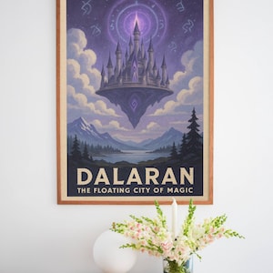 May include: Framed poster featuring a fantasy landscape with a floating castle. The artwork depicts a purple castle above a mountain range and lake, with the text "DALARAN THE FLOATING CITY OF MAGIC" at the bottom. The frame is a light brown color.