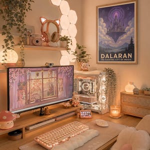 May include: A cozy desk setup with a computer, keyboard, and mouse. A monitor displays a floral scene. A poster of Dalaran, the floating city of magic, hangs on the wall. Decorative lights, plants, and a plush pillow add to the aesthetic.