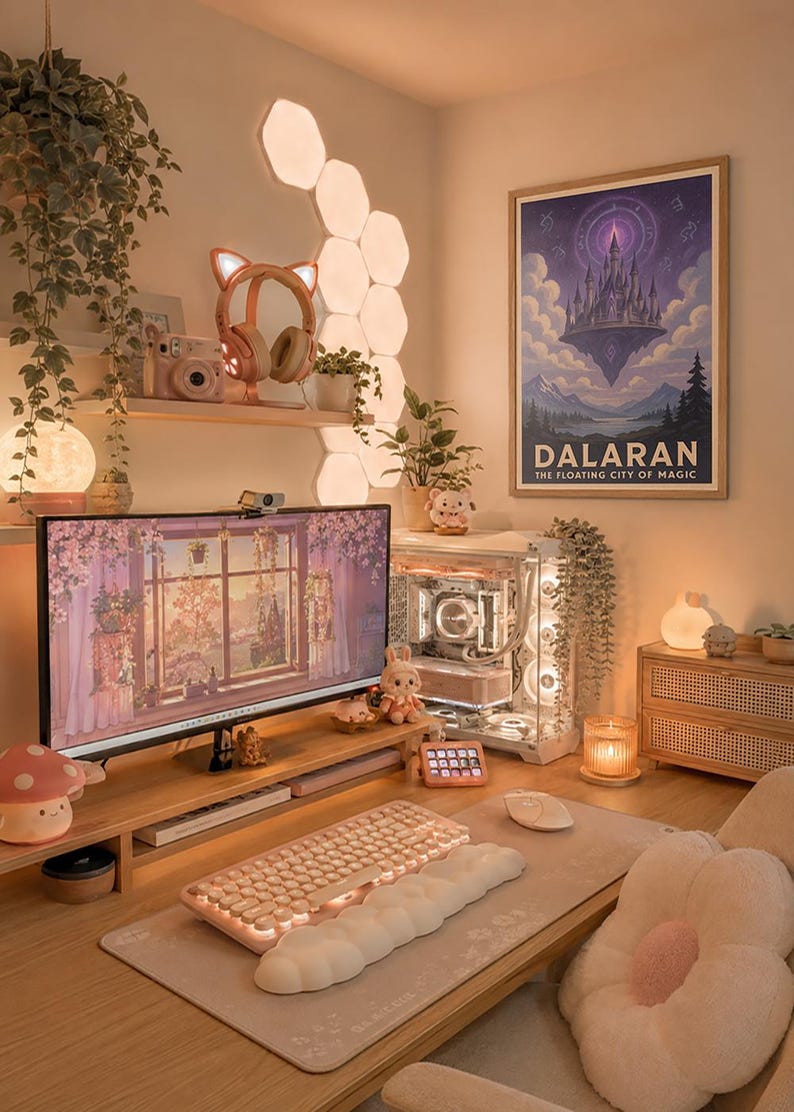 May include: A cozy desk setup with a computer, keyboard, and mouse. A monitor displays a floral scene. A poster of Dalaran, the floating city of magic, hangs on the wall. Decorative lights, plants, and a plush pillow add to the aesthetic.