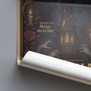 May include: Dark, gothic-themed poster with a detailed illustration. It features a tall, ornate building, skeletal hands playing a piano, and the text "Where the Music Never Dies." Roses and candles add to the eerie atmosphere.