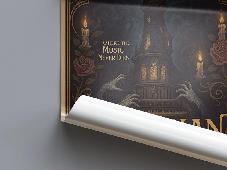 May include: Dark, gothic-themed poster with a detailed illustration. It features a tall, ornate building, skeletal hands playing a piano, and the text "Where the Music Never Dies." Roses and candles add to the eerie atmosphere.