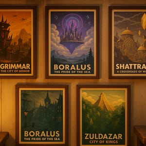 May include: Five framed travel posters with fantasy city illustrations. The posters feature the names: Orgrimmar, Boralus, Shattrath, Boralus, and Zuldazar. A lit candle and a brown mug sit on a wooden table. The posters are in a warm-toned room.