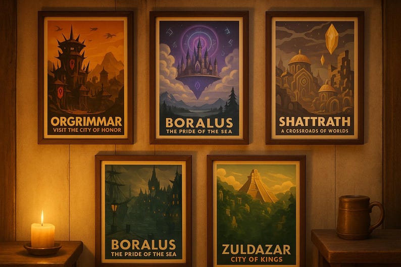 May include: Five framed travel posters with fantasy city illustrations. The posters feature the names: Orgrimmar, Boralus, Shattrath, Boralus, and Zuldazar. A lit candle and a brown mug sit on a wooden table. The posters are in a warm-toned room.
