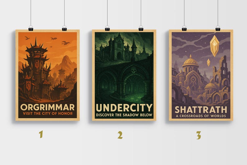 May include: Three framed travel posters with fantasy city illustrations. The first poster says "ORGRIMMAR VISIT THE CITY OF HONOR" with an orange sky. The second poster says "UNDERCITY DISCOVER THE SHADOW BELOW" with a green background. The third poster says "SHATTRATH A CROSSROADS OF WORLDS".