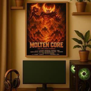 May include: A framed poster with the text "MOLTEN CORE" and a fiery illustration of a horned demon. A computer monitor, keyboard, mouse, and headphones sit on a wooden desk. Potted plants are on shelves and the desk.