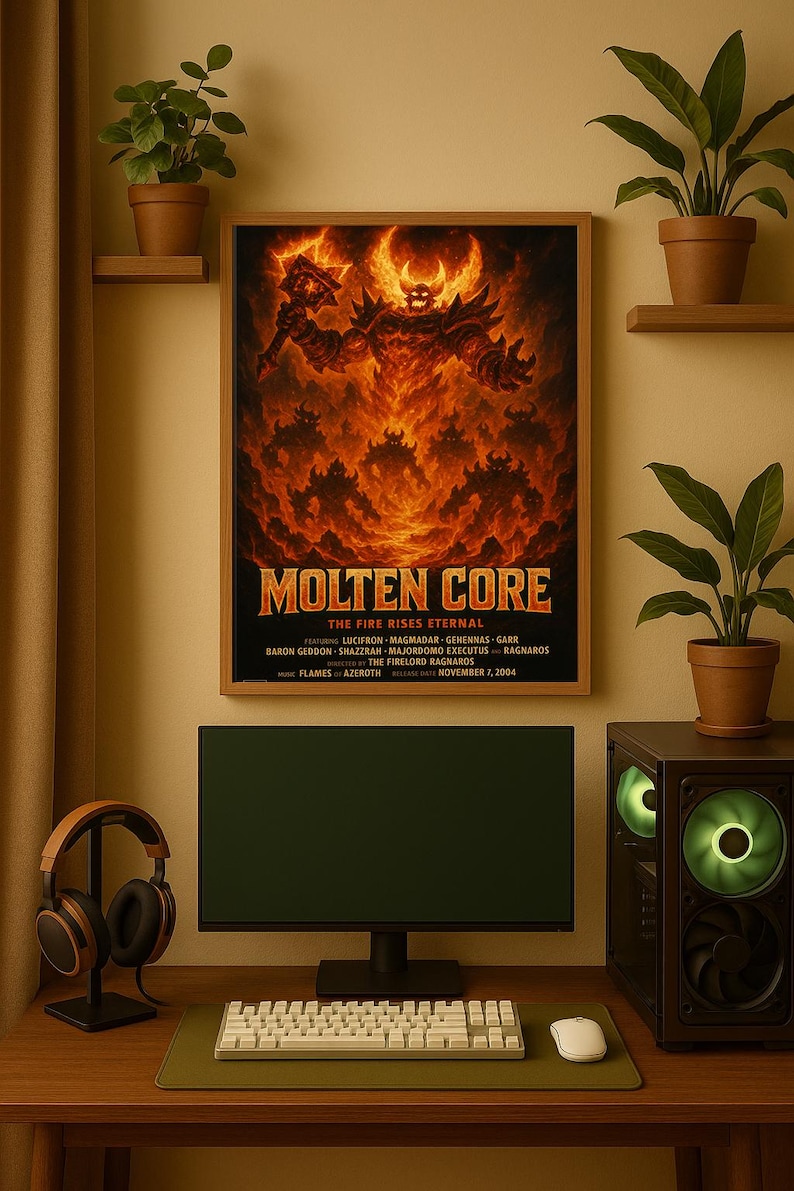 May include: A framed poster with the text "MOLTEN CORE" and a fiery illustration of a horned demon. A computer monitor, keyboard, mouse, and headphones sit on a wooden desk. Potted plants are on shelves and the desk.