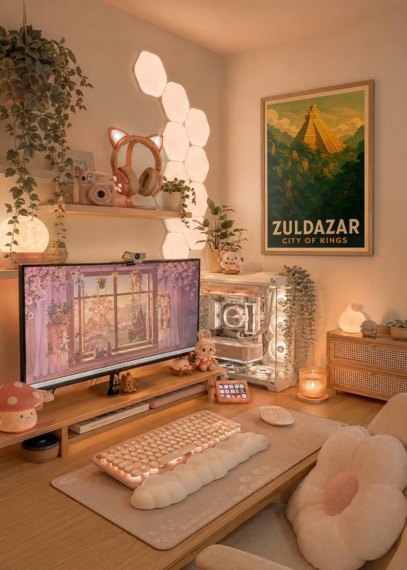 May include: A cozy, well-lit desk setup with a computer, keyboard, and mouse. The desk features a monitor displaying a floral scene, a pink keyboard, and a decorative mushroom lamp. A poster reading "Zuldazar, City of Kings" hangs on the wall.