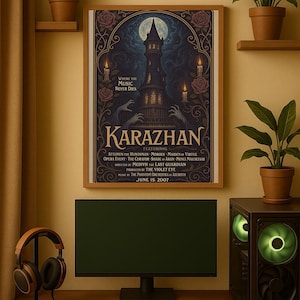 May include: A framed poster with the title "Karazhan" hangs above a computer setup. The poster features a dark tower design with the text "Where the Music Never Dies." A computer monitor, keyboard, mouse, and headphones are on the desk.