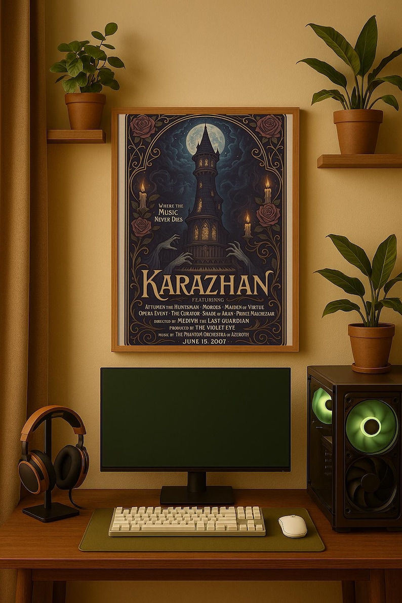 May include: A framed poster with the title "Karazhan" hangs above a computer setup. The poster features a dark tower design with the text "Where the Music Never Dies." A computer monitor, keyboard, mouse, and headphones are on the desk.