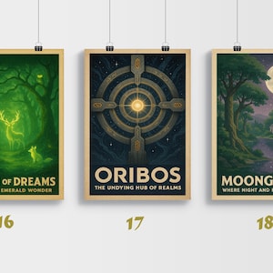 May include: Three framed art prints with fantasy landscape scenes. The prints feature text: "Haven of Dreams", "Oribos", and "Moonglade". Each print has a different color scheme and depicts a unique fantasy landscape with animals, trees, and celestial bodies.