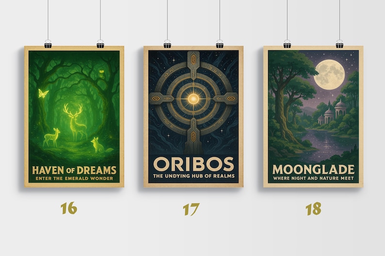 May include: Three framed art prints with fantasy landscape scenes. The prints feature text: "Haven of Dreams", "Oribos", and "Moonglade". Each print has a different color scheme and depicts a unique fantasy landscape with animals, trees, and celestial bodies.