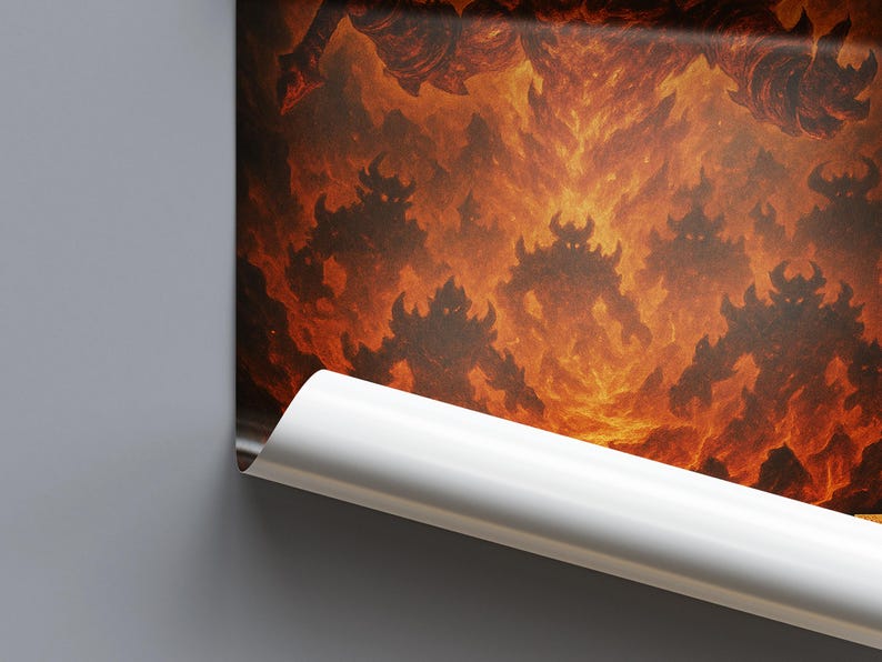 May include: A rolled-up print featuring a fiery, hellish scene. Silhouetted figures with horns and menacing shapes are set against a backdrop of flames and smoke. The print's edge is visible, revealing a white, glossy surface.
