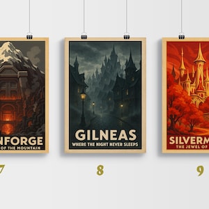 May include: Three framed art prints with fantasy landscape illustrations. The first depicts Ironforge, the second Gilneas, and the third Silvermoon. Each print has a tan border and includes text at the bottom describing the location.