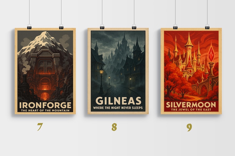 May include: Three framed art prints with fantasy landscape illustrations. The first depicts Ironforge, the second Gilneas, and the third Silvermoon. Each print has a tan border and includes text at the bottom describing the location.