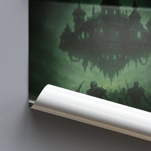 May include: A fantasy art print featuring a dark, gothic castle floating in a green, misty sky. Silhouetted figures with weapons stand in the foreground. The artwork has a dark, ominous theme.