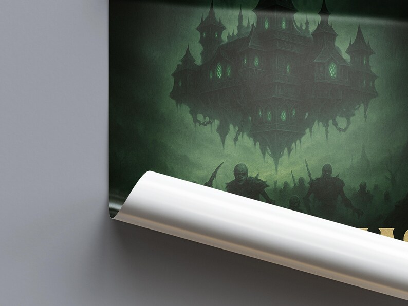 May include: A fantasy art print featuring a dark, gothic castle floating in a green, misty sky. Silhouetted figures with weapons stand in the foreground. The artwork has a dark, ominous theme.