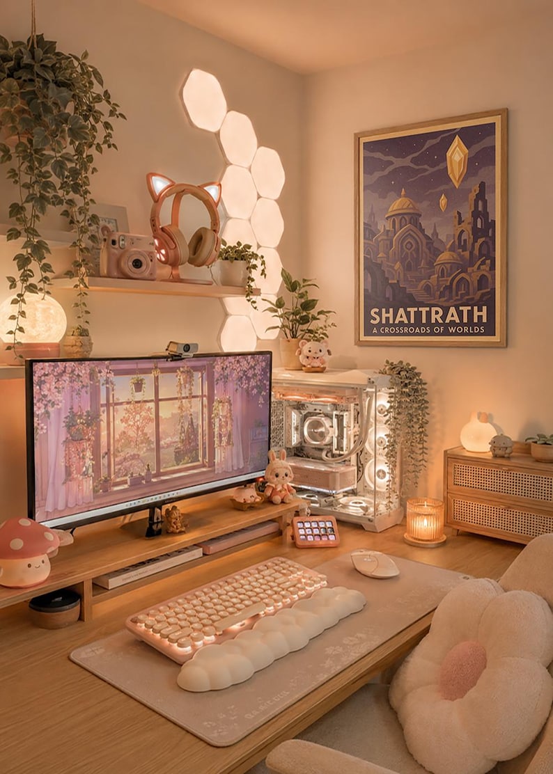 May include: A cozy, well-lit desk setup with a computer, keyboard, and mouse. The desk features a monitor displaying a floral scene, a pink keyboard, and a decorative mushroom lamp. A framed poster reads "SHATTRATH".
