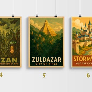May include: Three framed travel posters. The first depicts a steampunk city with the text "KEZAN". The second shows a pyramid in a jungle with the text "ZULDAZAR". The third shows a castle with the text "STORMWIND".