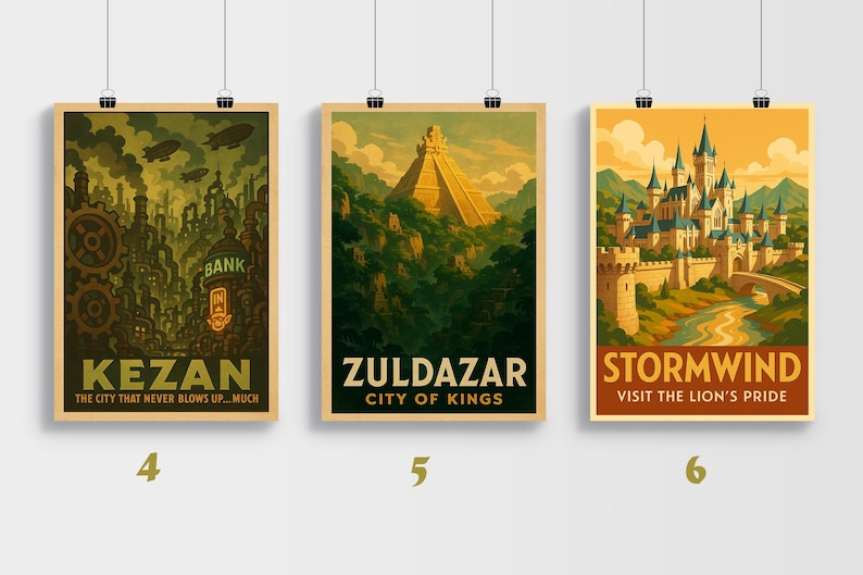 May include: Three framed travel posters. The first depicts a steampunk city with the text "KEZAN". The second shows a pyramid in a jungle with the text "ZULDAZAR". The third shows a castle with the text "STORMWIND".